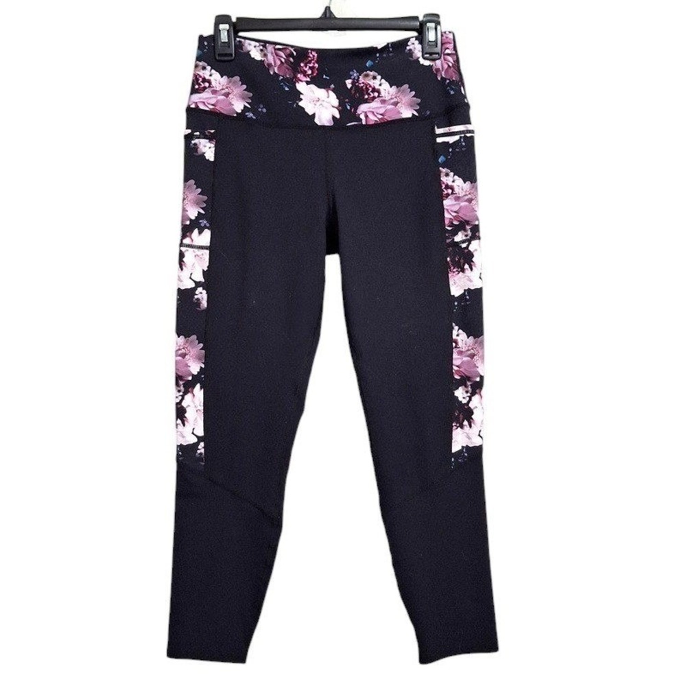 Skechers GO WALK Women Cropped Leggings M Black Floral Mid Rise Side Pockets